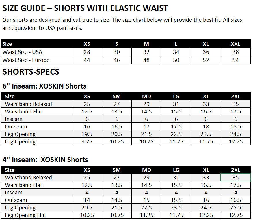 Size Chart for Shorts